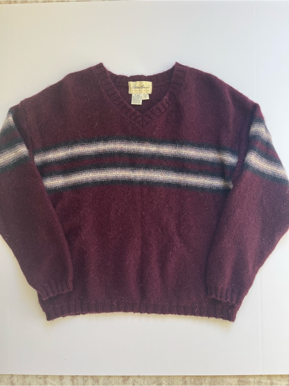Eddie Bauer Women Vintage Burgundy V‑Neck Striped Wool Sweater